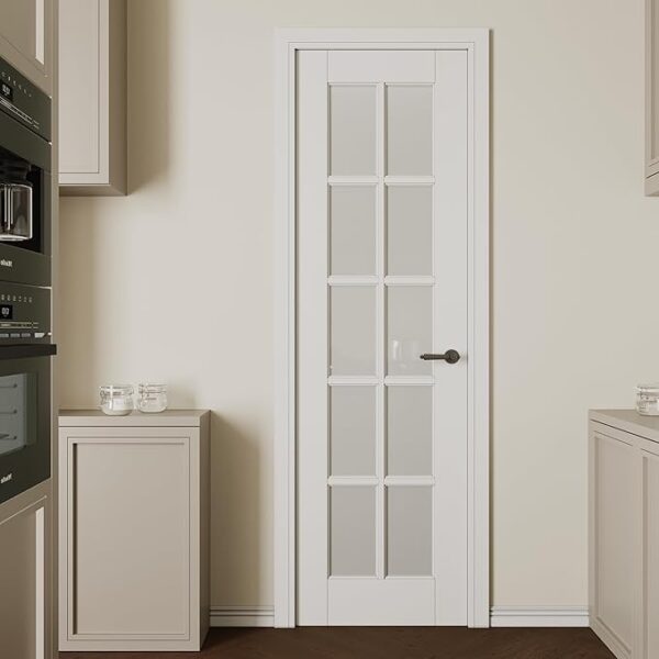 24''x80'' 10-Panel Frosted Glass Interior Door Slab Shaker, Pre-Built Panel for Barn Doors, Pocket Doors, French Door, for Pantry, Bedroom, Closet, Laundry & Bathroom, White Prefinish&Paintable