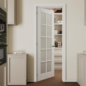 28''x80'' 10-Panel Frosted Glass Interior Door Slab Shaker, Pre-Built Panel for Barn Doors, Pocket Doors, French Door, for Pantry, Bedroom, Closet, Laundry & Bathroom, White Prefinish&Paintable