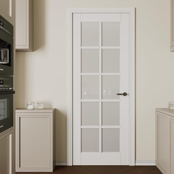 30''x80'' 10-Panel Frosted Glass Interior Door Slab Shaker, Pre-Built Panel for Barn Doors, Pocket Doors, French Door, for Pantry, Bedroom, Closet, Laundry & Bathroom, White Prefinish&Paintable